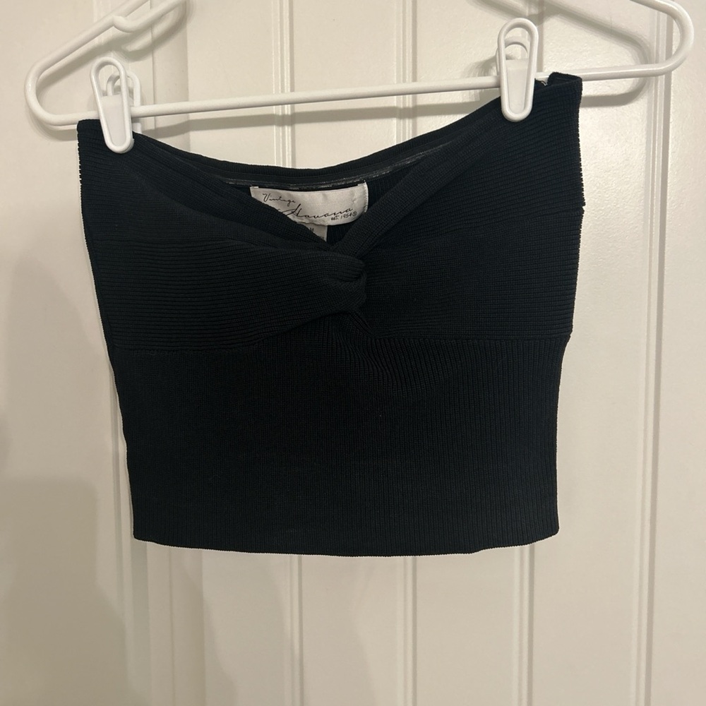 Vintage Black Strapless Twist-Knot Crop Top